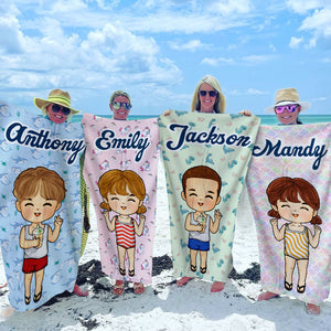 Le bonheur arrive par vagues - Serviette de plage personnalisée - Cadeau pour la famille, cadeau pour les enfants