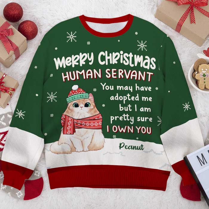 Joyeux Noël Serviteur Humain - Sweat-shirt de Noël unisexe personnalisé, sweat-shirt en laine, sweat-shirt imprimé intégral - Cadeau pour les amoureux des chats, les amoureux des animaux, cadeau de Noël