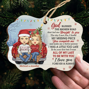 God Blessed The Broken Road - Personalized Custom Benelux Shaped Wood Christmas Ornament - Gift For Couple, Husband Wife, Anniversary, Engagement, Wedding, Marriage Gift, Christmas Gift