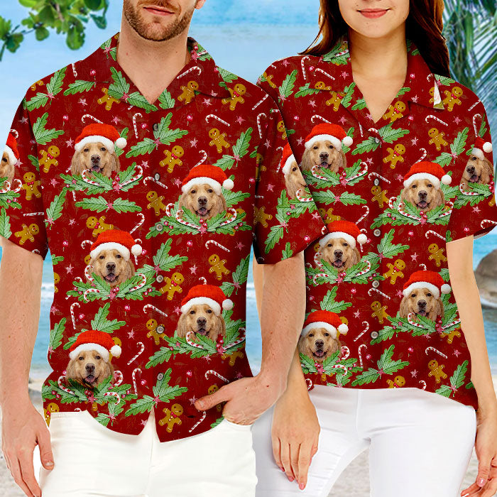 Motif canne à sucre et pain d'épices - T-shirt hawaïen unisexe personnalisé pour chien et chat - Télécharger une image, visage de chien, visage de chat - Cadeau vacances d'été, cadeau pour propriétaires d'animaux et amoureux des animaux