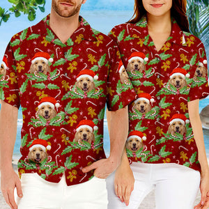 Motif canne à sucre et pain d'épices - T-shirt hawaïen unisexe personnalisé pour chien et chat - Télécharger une image, visage de chien, visage de chat - Cadeau vacances d'été, cadeau pour propriétaires d'animaux et amoureux des animaux