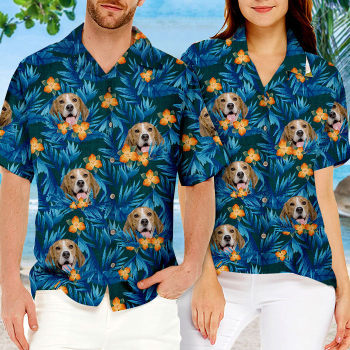Motif de fleurs et feuilles tropicales colorées - T-shirt hawaïen unisexe personnalisé pour chien et chat - Télécharger une image, visage de chien, visage de chat - Cadeau vacances d'été, cadeau pour propriétaires d'animaux, amoureux des animaux