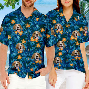 Motif de fleurs et feuilles tropicales colorées - T-shirt hawaïen unisexe personnalisé pour chien et chat - Télécharger une image, visage de chien, visage de chat - Cadeau vacances d'été, cadeau pour propriétaires d'animaux, amoureux des animaux