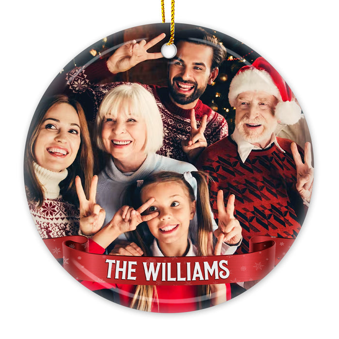 L'amour de notre famille - Décoration de Noël personnalisée en céramique ronde avec photo - Télécharger une image, cadeau pour la famille, cadeau de Noël