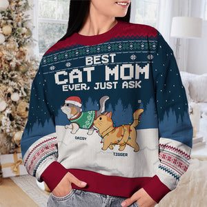 Meilleure maman chat, meilleur papa chat de tous les temps ! Demandez-moi ! Sweat-shirt moche personnalisé pour chat ! Pull en laine unisexe ! Cadeau de Noël pour propriétaires et amoureux des animaux