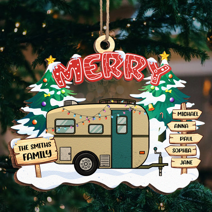 Décoration de Noël en camping en famille - Décoration personnalisée en bois de forme unique - Cadeau de Noël pour les membres de la famille