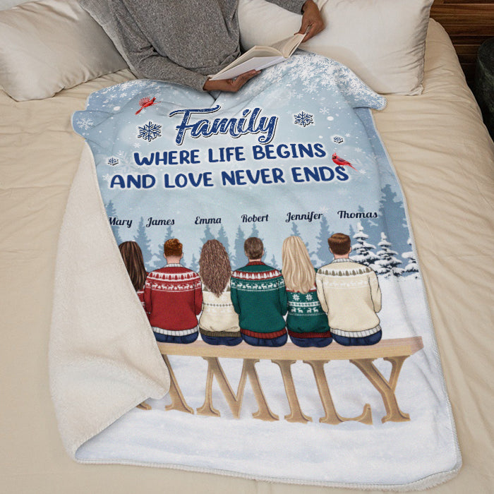 Famille où la vie commence et où l'amour ne finit jamais - Couverture commémorative personnalisée - Cadeau de condoléances, cadeau de Noël pour les membres de la famille