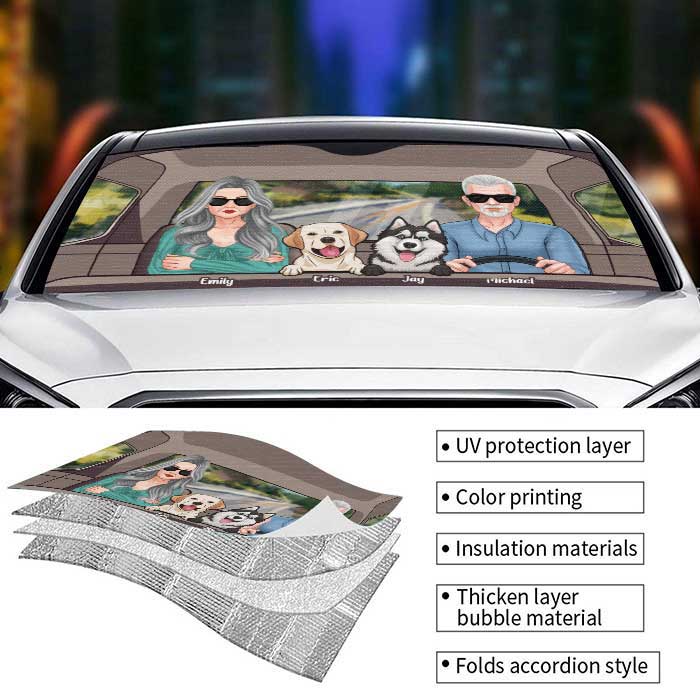 Couple conduisant avec un chien - Pare-soleil de voiture personnalisé - Cadeau pour couple, mari et femme