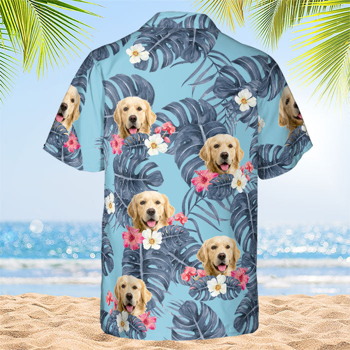 Feuilles tropicales et animaux de compagnie - T-shirt hawaïen unisexe personnalisé pour chien et chat - Télécharger une image, visage de chien, visage de chat - Cadeau vacances d'été, cadeau pour propriétaires d'animaux et amoureux des animaux