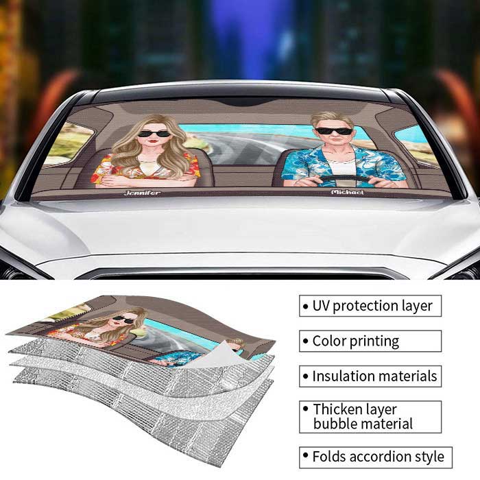 Mari et femme conduisant sur la route - Pare-soleil de voiture personnalisé - Cadeau pour couples, mari et femme