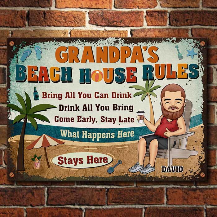 Règles de la maison de plage de grand-père - Cadeau pour papa, grand-père - Plaque en métal personnalisée