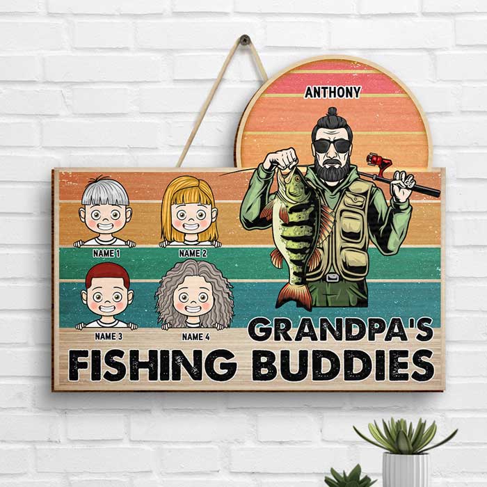Les copains de pêche de grand-père - Cadeau pour papa, grand-père - Panneau en bois personnalisé