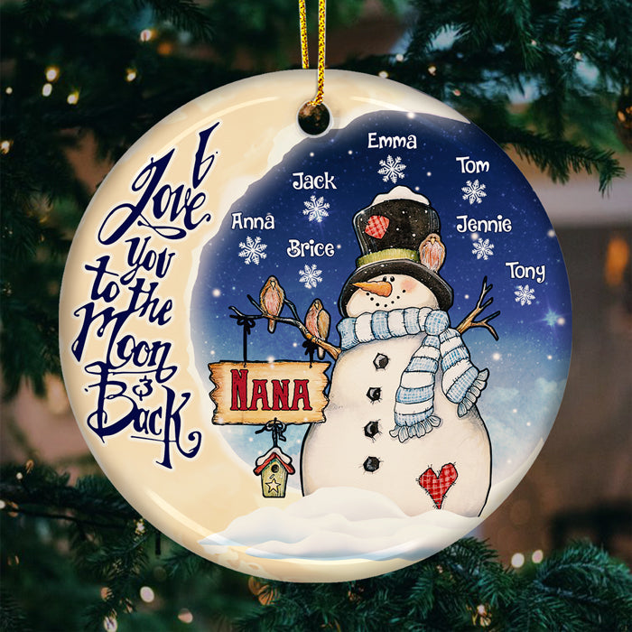Bonhomme de neige « Je t'aime jusqu'à la lune et retour » - Décoration de Noël ronde personnalisée en céramique - Cadeau pour grand-mère, grands-parents, cadeau de Noël