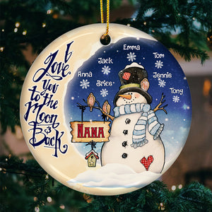 Bonhomme de neige « Je t'aime jusqu'à la lune et retour » - Décoration de Noël ronde personnalisée en céramique - Cadeau pour grand-mère, grands-parents, cadeau de Noël