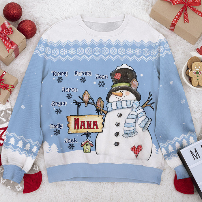 Nana Bonhomme de Neige et ses Petits Flocons de Neige - Sweat-shirt de Noël unisexe personnalisé, sweat-shirt en laine, sweat-shirt imprimé intégral - Cadeau pour grand-mère, grands-parents, cadeau de Noël