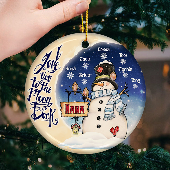 Bonhomme de neige « Je t'aime jusqu'à la lune et retour » - Décoration de Noël ronde personnalisée en céramique - Cadeau pour grand-mère, grands-parents, cadeau de Noël