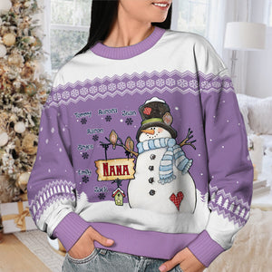 Nana Bonhomme de Neige et ses Petits Flocons de Neige - Sweat-shirt de Noël unisexe personnalisé, sweat-shirt en laine, sweat-shirt imprimé intégral - Cadeau pour grand-mère, grands-parents, cadeau de Noël