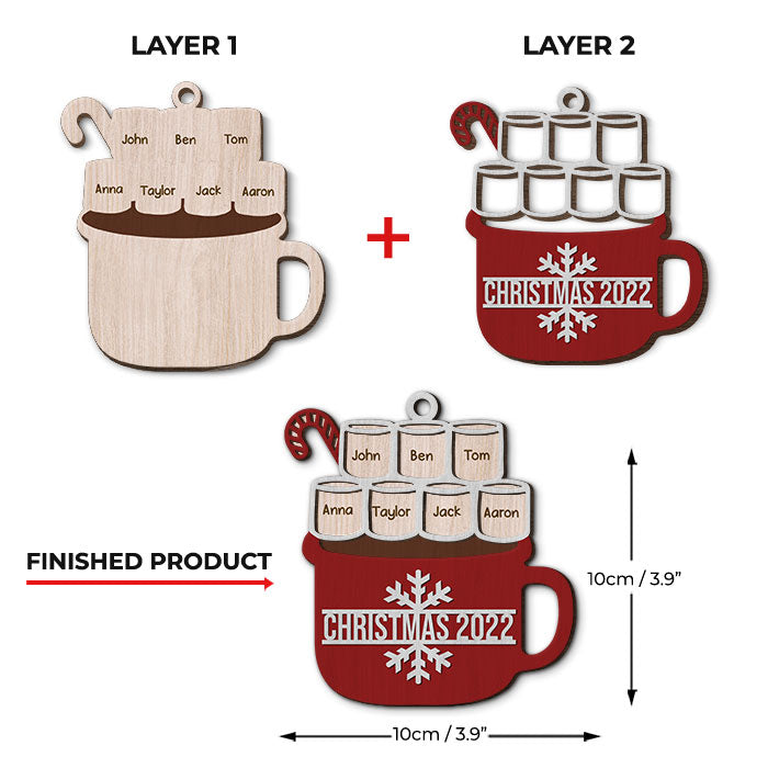 Chocolat chaud de Noël festif avec guimauve et canne en bonbon - Décoration de Noël personnalisée en bois à 2 couches en forme de guimauve - Cadeau pour les membres de la famille, cadeau de Noël