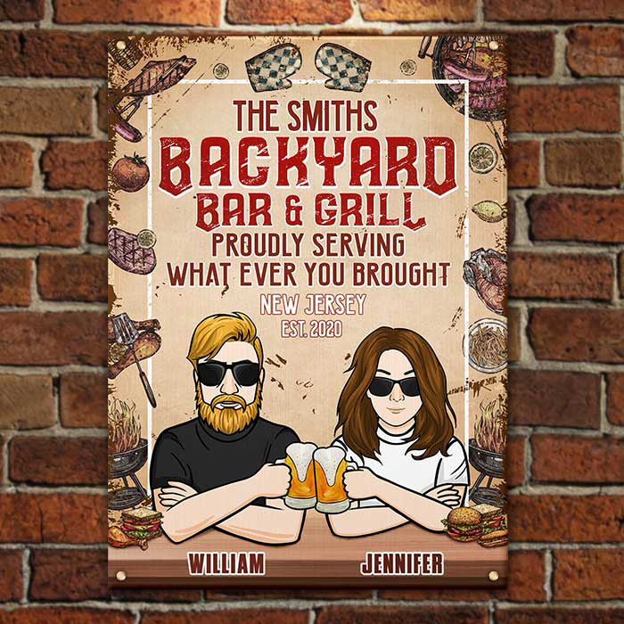 Bar et grill familial dans le jardin – Cadeau pour couple, mari et femme, plaque métallique personnalisée