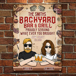 Bar et grill familial dans le jardin – Cadeau pour couple, mari et femme, plaque métallique personnalisée
