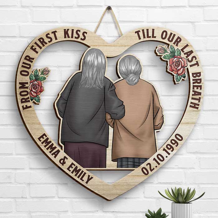 From Our First Kiss, LGBTQ+ Couples - Gift For Couples, Husband Wife, Personalized Shaped Wood Sign.