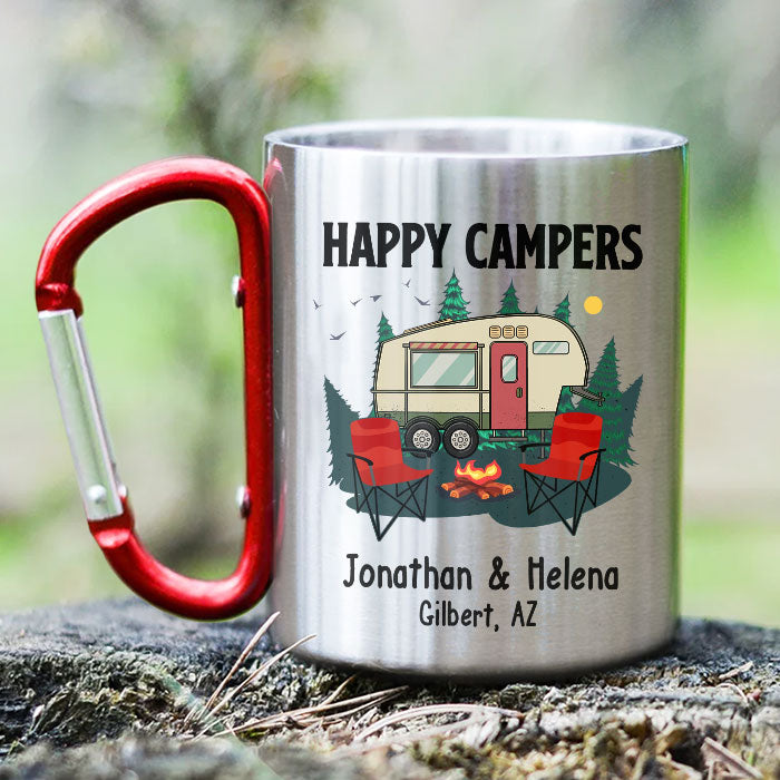 Happy Campers Outdoor Adventure - Mug de camping personnalisé avec mousqueton - Cadeau pour les amateurs de camping