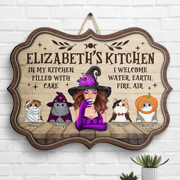 In My Kitchen Filled With Care I Welcome Water, Earth, Fire, Air - Personalized Shaped Wood Sign - Gift For Witches, Gift For Yourself, Gift For Pet Lovers, Halloween Gift