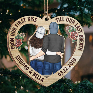 From Our First Kiss, My Love - Personalized Custom Heart Shaped Wood Christmas Ornament - Gift For Couple, Husband Wife, Anniversary, Engagement, Wedding, Marriage Gift, Christmas Gift