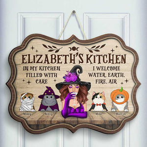 In My Kitchen Filled With Care I Welcome Water, Earth, Fire, Air - Personalized Shaped Wood Sign - Gift For Witches, Gift For Yourself, Gift For Pet Lovers, Halloween Gift