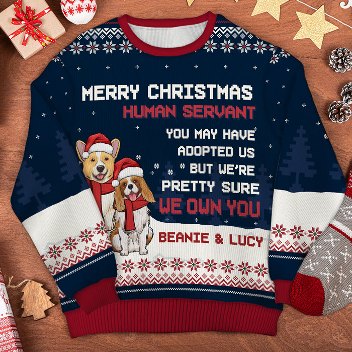 Joyeux Noël Serviteur Humain - Sweat-shirt de Noël unisexe personnalisé, sweat-shirt en laine, sweat-shirt imprimé intégral - Cadeau pour les amoureux des chiens, les amoureux des animaux, cadeau de Noël