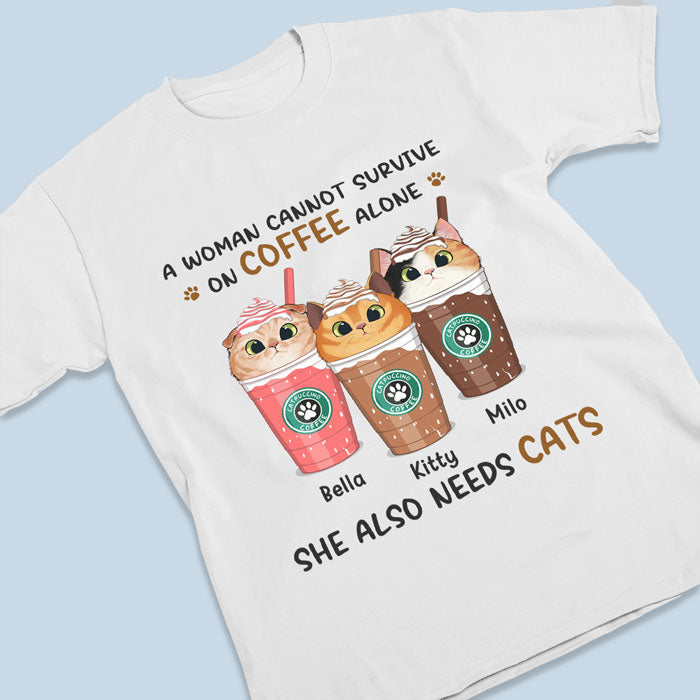 Une femme ne peut pas survivre avec seulement du café ! T-shirt, sweat à capuche et sweat-shirt unisexe personnalisé avec chat ! Cadeau pour la fête des mères, pour les propriétaires d'animaux et les amoureux des animaux.