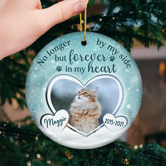 Plus à nos côtés - Décoration de Noël personnalisée en céramique ronde avec photo - Télécharger une image, un cadeau commémoratif, un cadeau de condoléances, un cadeau de Noël