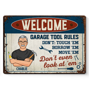 Bienvenue, règles de l'outil de garage - Plaque en métal personnalisée pour la décoration intérieure de la famille - Cadeau de pendaison de crémaillère pour la fête des pères