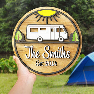 Camping en famille – Panneau en bois personnalisé, panneau à deux couches – Cadeau pour les amateurs de camping