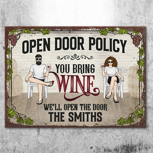 Politique de porte ouverte : vous apportez du vin – Plaque en métal personnalisée – Cadeau pour couple, mari et femme