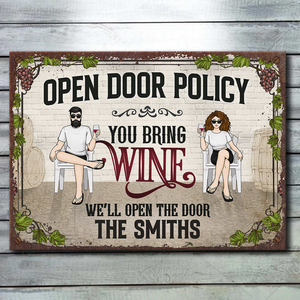 Politique de porte ouverte : vous apportez du vin – Plaque en métal personnalisée – Cadeau pour couple, mari et femme