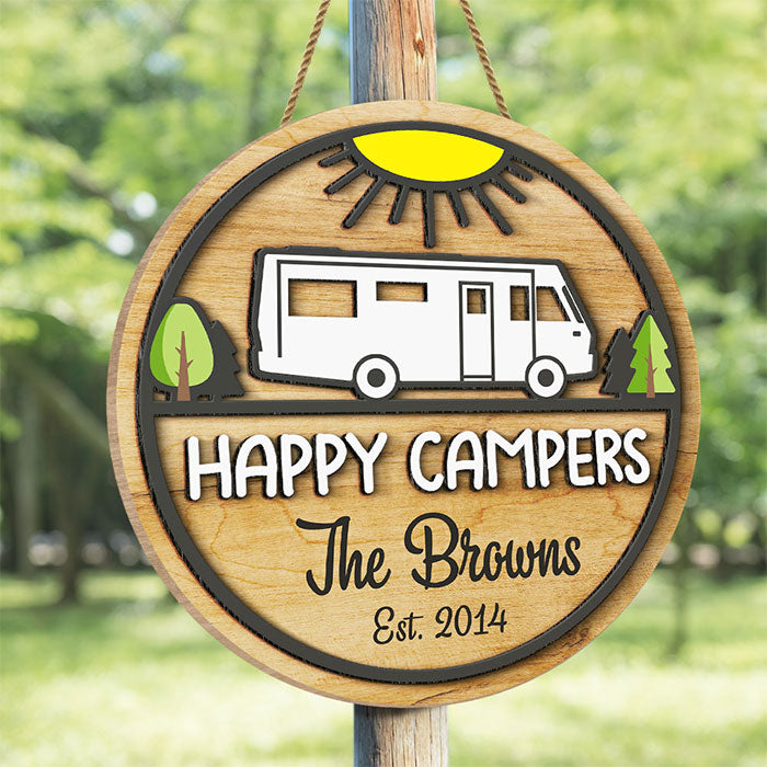 Family Happy Campers - Personalized Shaped Wood Sign, 2 Layers Sign - Gift For Camping Lovers