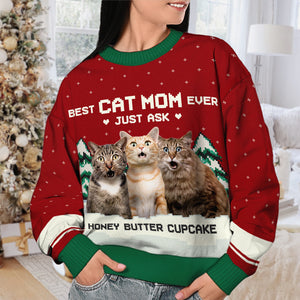 Meilleure maman chat du monde, il suffit de demander - Sweat-shirt de Noël unisexe personnalisé, sweat-shirt en laine, sweat-shirt imprimé intégral - Télécharger une image, cadeau pour les amoureux des animaux, cadeau de Noël