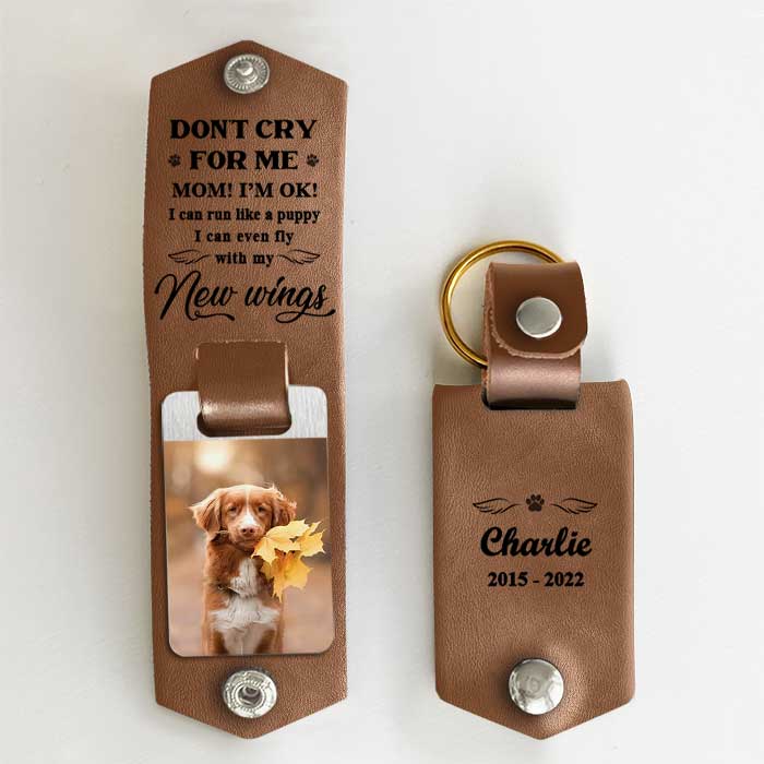 Je peux voler avec mes nouvelles ailes - Porte-clés personnalisé en cuir PU - Télécharger une image, un cadeau commémoratif, un cadeau de condoléances