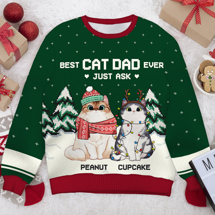 Meilleur papa chat de tous les temps - Sweat-shirt de Noël unisexe personnalisé et moche, sweat-shirt en laine, sweat-shirt imprimé intégral - Cadeau pour les amoureux des chats, les amoureux des animaux, cadeau de Noël