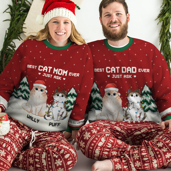 Meilleur papa chat de tous les temps, demandez-le simplement ! Sweat-shirt de Noël unisexe personnalisé, en laine, imprimé intégral - Cadeau pour les amoureux des chats, les amoureux des animaux, cadeau de Noël.