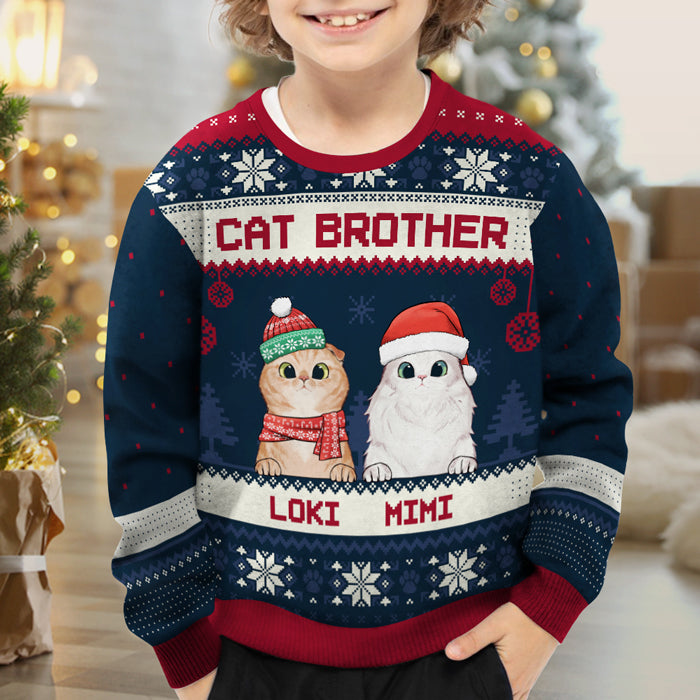 Joyeux Noël, Frère Chat, Sœur Chat - Sweat-shirt de Noël unisexe personnalisé, sweat-shirt en laine, sweat-shirt imprimé intégral - Cadeau pour les amoureux des chats, les amoureux des animaux, cadeau de Noël
