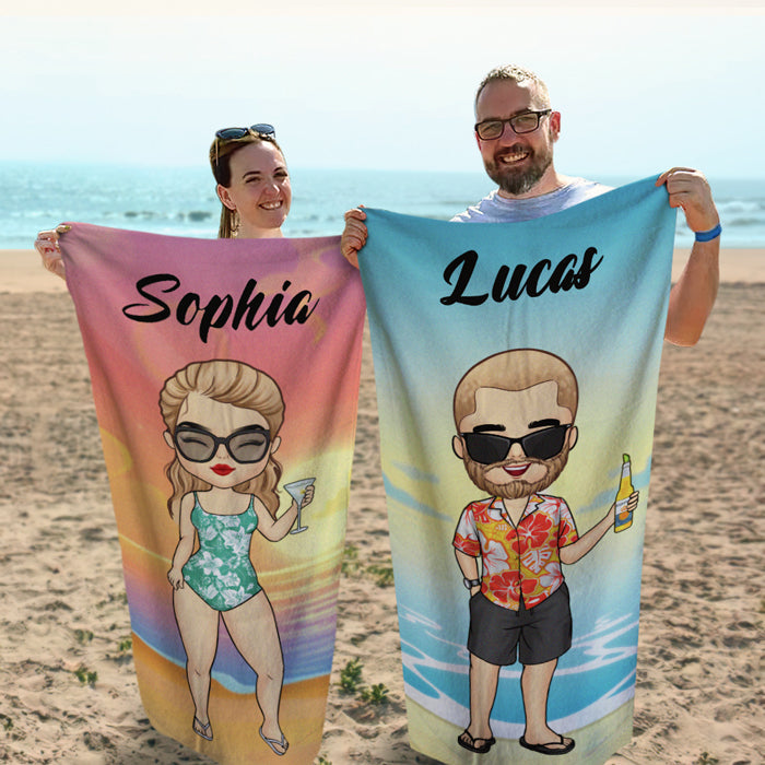 Serviette de plage personnalisée « Vacances d'été » pour couple chibi - Cadeau pour couple, mari et femme