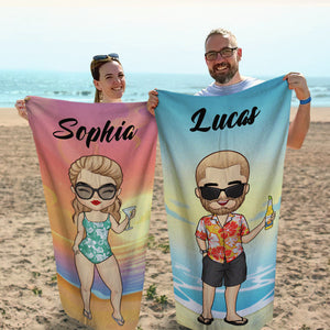 Serviette de plage personnalisée « Vacances d'été » pour couple chibi - Cadeau pour couple, mari et femme