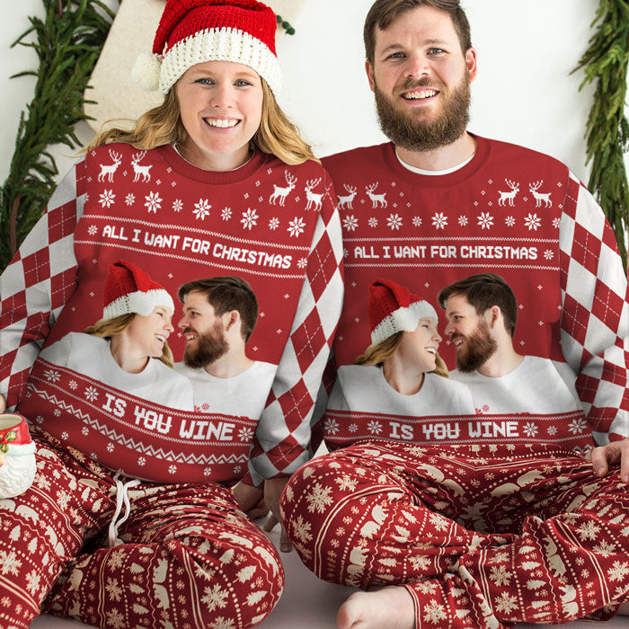 Tout ce que je veux pour Noël - Sweat-shirt de Noël unisexe personnalisé, sweat-shirt en laine, sweat-shirt imprimé intégral - Télécharger une image, cadeau pour couple, mari et femme, anniversaire, fiançailles, mariage, cadeau de mariage, cadeau de Noël
