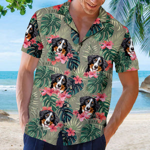 Fleurs et feuilles tropicales colorées - T-shirt hawaïen unisexe personnalisé pour chien et chat - Télécharger une image, visage de chien, visage de chat - Cadeau vacances d'été, cadeau pour propriétaires d'animaux, amoureux des animaux