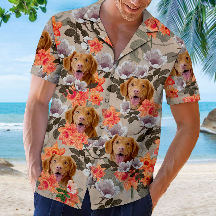 T-shirt hawaïen unisexe personnalisé avec motif fleur et fourrure pour chien et chat - Télécharger une image, visage de chien ou de chat - Cadeau pour les vacances d'été, pour les propriétaires d'animaux et les amoureux des animaux