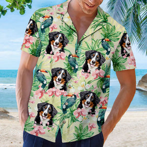 Motif oiseau tropical et fleurs - T-shirt hawaïen unisexe personnalisé pour chien et chat - Télécharger une image, visage de chien ou de chat - Cadeau vacances d'été, cadeau pour propriétaires d'animaux et amoureux des animaux