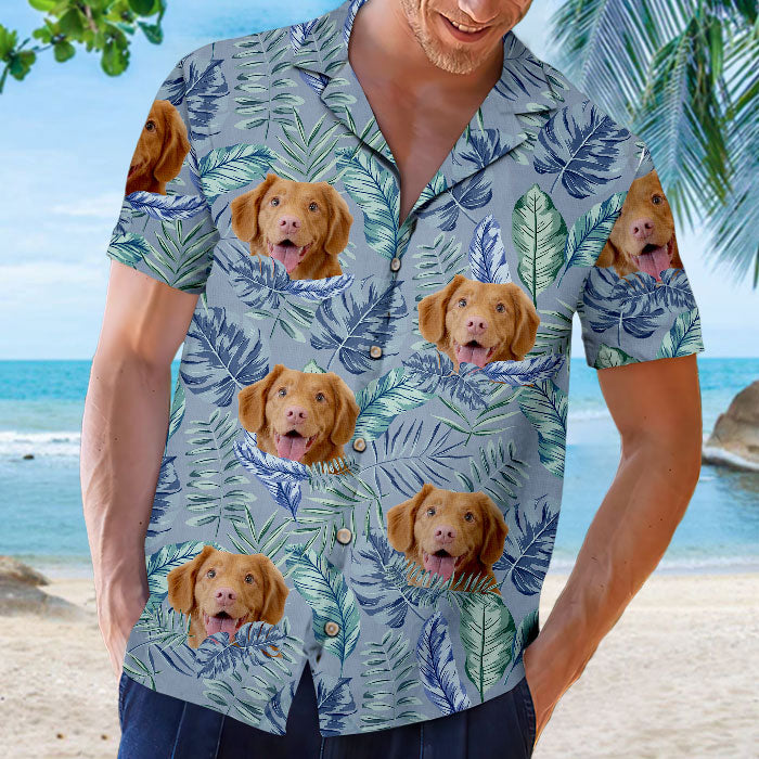 Feuilles tropicales colorées et animaux de compagnie - T-shirt hawaïen unisexe personnalisé pour chien et chat - Télécharger une image, visage de chien, visage de chat - Cadeau vacances d'été, cadeau pour propriétaires d'animaux, amoureux des animaux