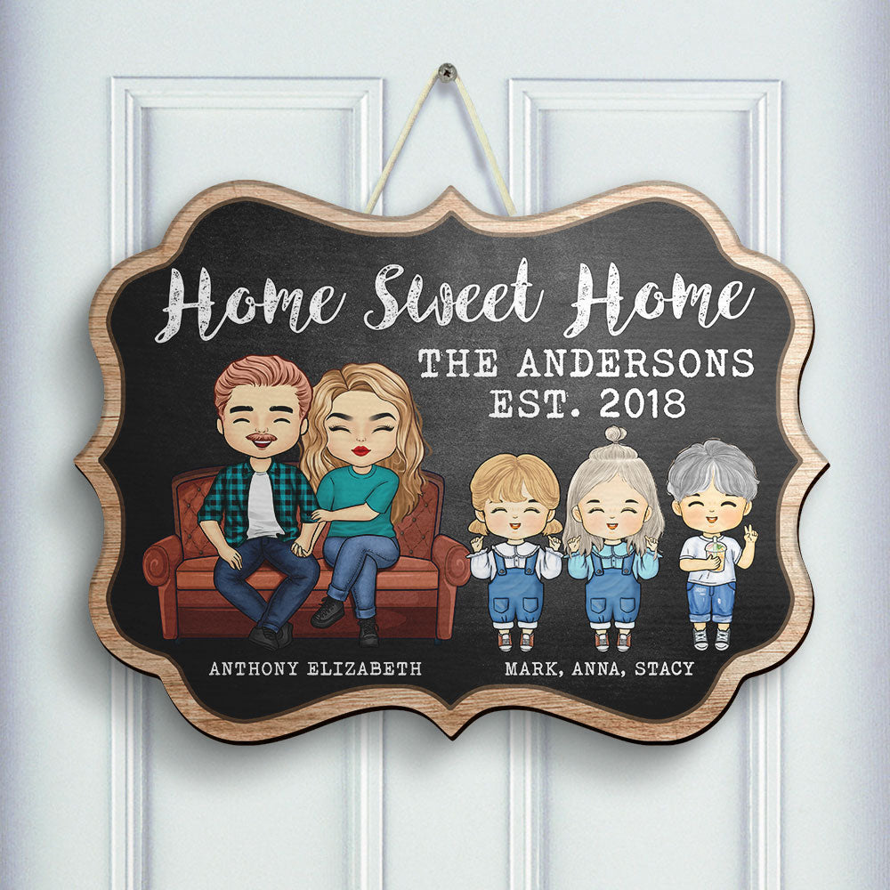 Panneau en bois personnalisé « Home Sweet Home » pour parents et enfants, style tableau noir – Cadeau pour couples, mari et femme